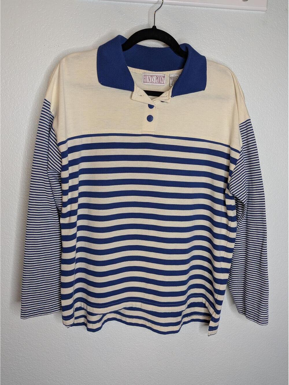 Vintage Hunts Point Blue White Striped Long Sleeve Polo Shirt Size Large